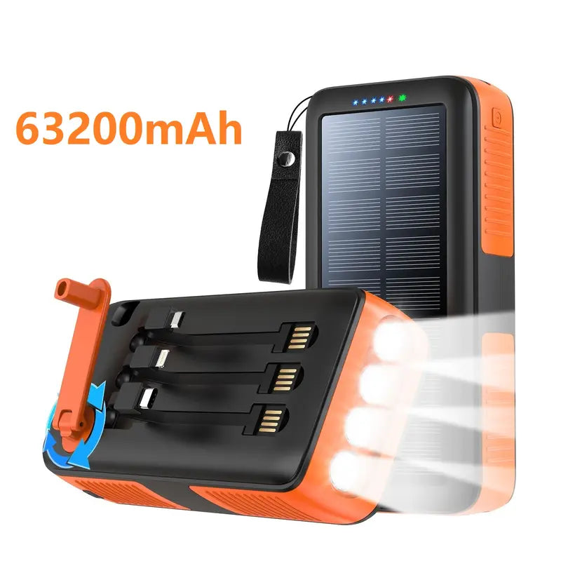 63200Mah Solar Power Bank Manual Power 15W Fast Charging Power Bank for All Mobile Devices Three Inputs Solar Portable Charger Manual Power Generation with Dual Flashlights, Carabiner ,LED Light All Mobile Devices Accessories Phone,Clip,Handy,Smartphone